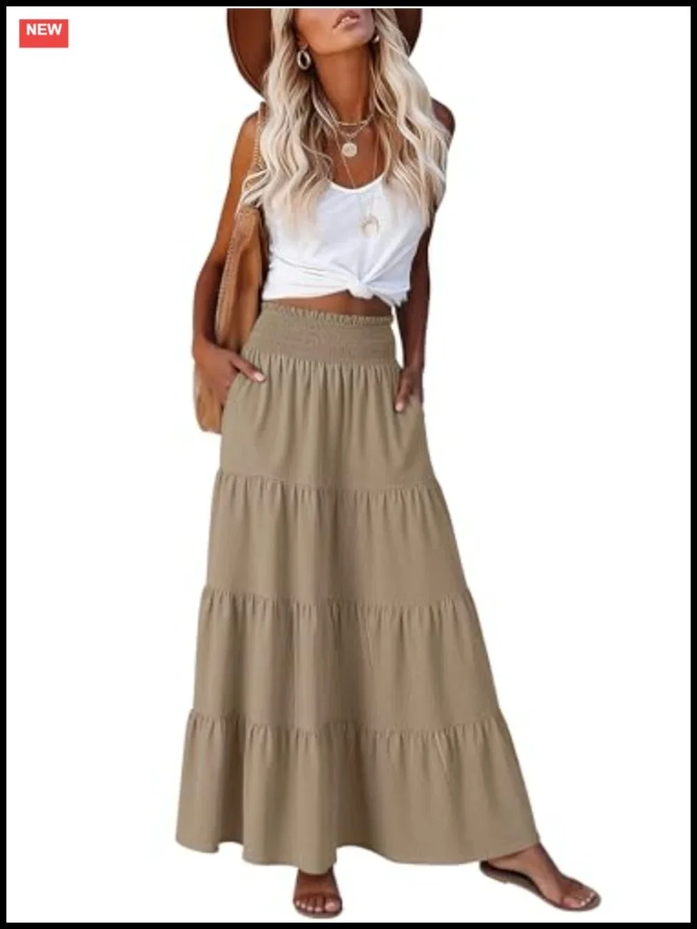 Women's Flowy Tiered Maxi Skirt Elastic High Waist A-Line Boho Long
